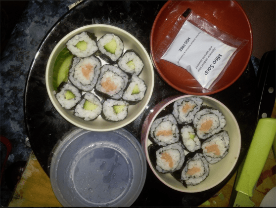Smoked salmon maki and cucumber hosomaki